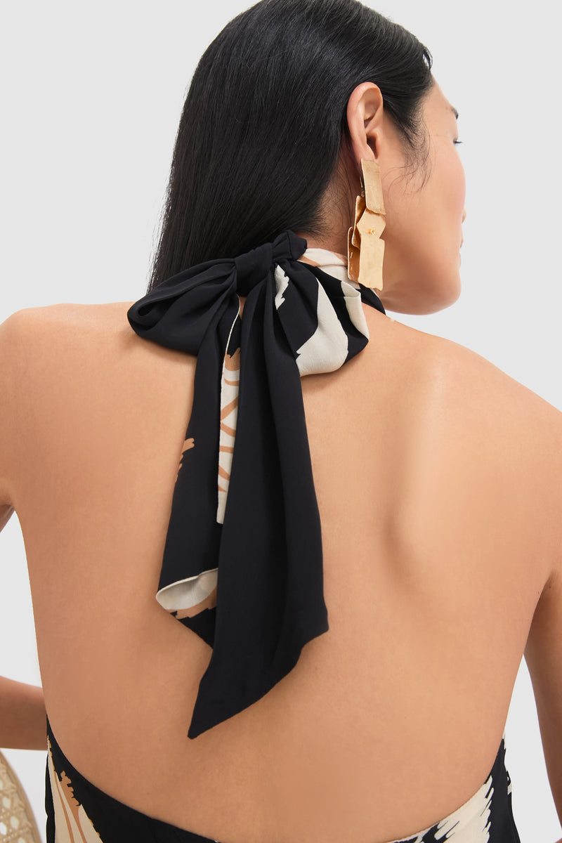 Black Gladiolos Costa Pacifica Crepe Chine Maxi Dress