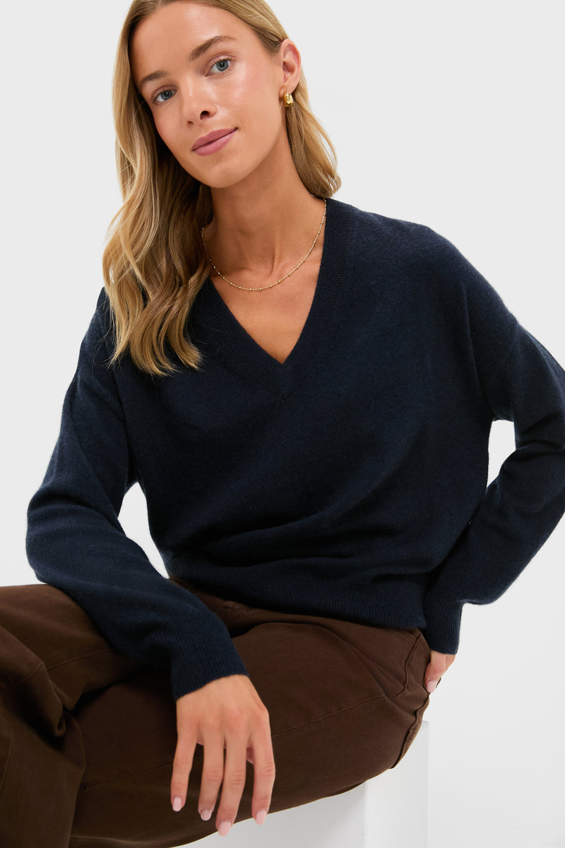 Navy Cashmere Emma V-Neck Boyfriend Sweater