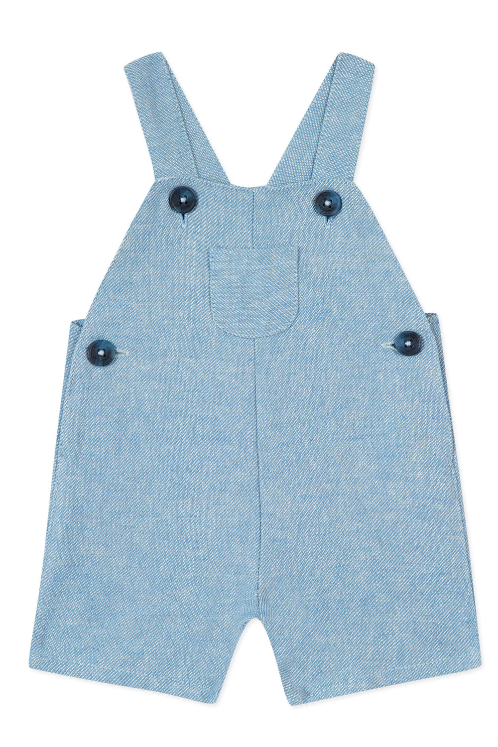 Tartine et Chocolat light blue denim baby overalls with two shoulder straps and four buttons, inspired by French children's fashion and classic washed blue overall styles.