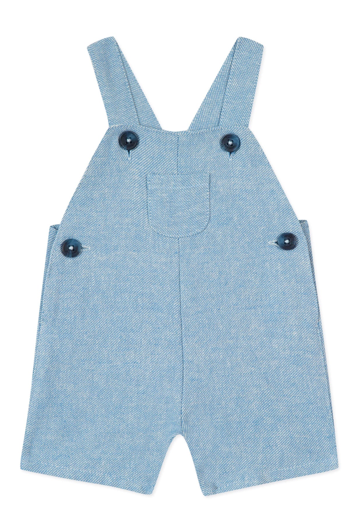 Tartine et Chocolat light blue denim baby overalls with two shoulder straps and four buttons, inspired by French children's fashion and classic washed blue overall styles.
