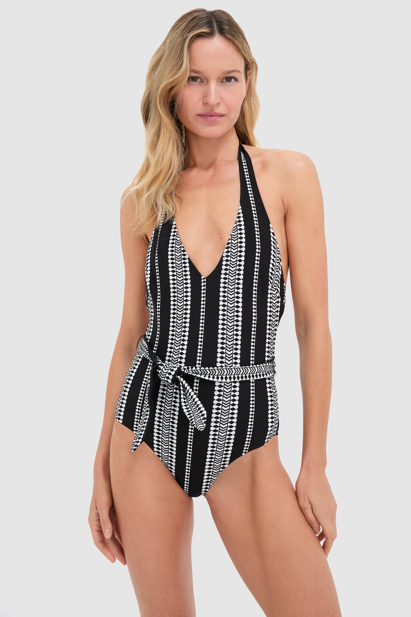 Black Luchia Deep V Belted One Piece