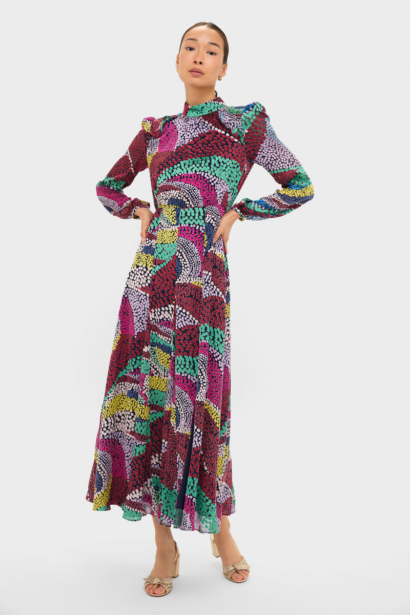 Jangle Jacqui-B Dress: A classic, high-end maxi with an effortless silhouette, featuring a mosaic pattern and a fun, flowing skirt. Perfectly styled with neutral block-heel sandals.