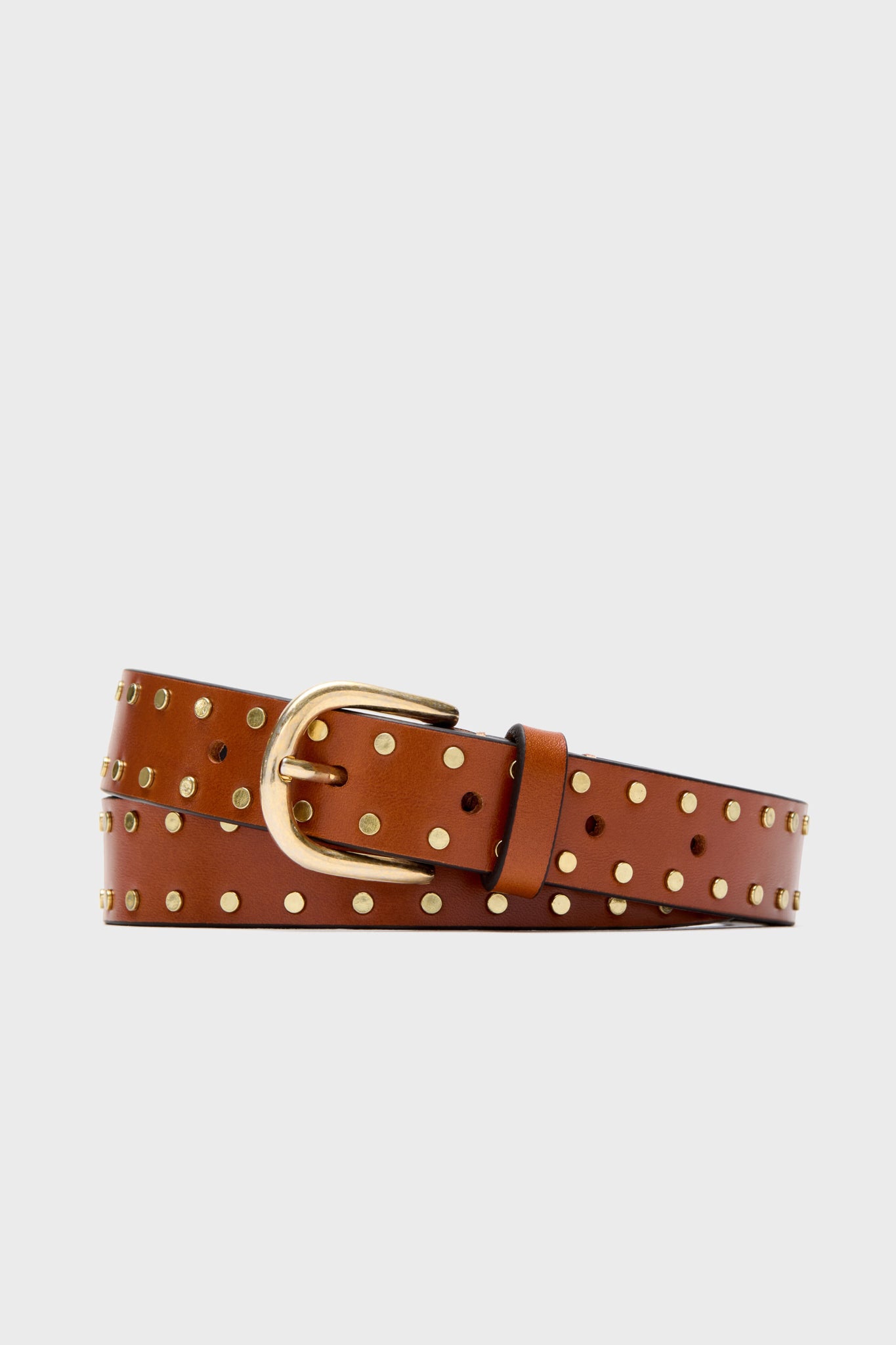 Isabel Marants brown leather belt features gold studs and a standout gold buckle, making it a bold accessory for any outfit.