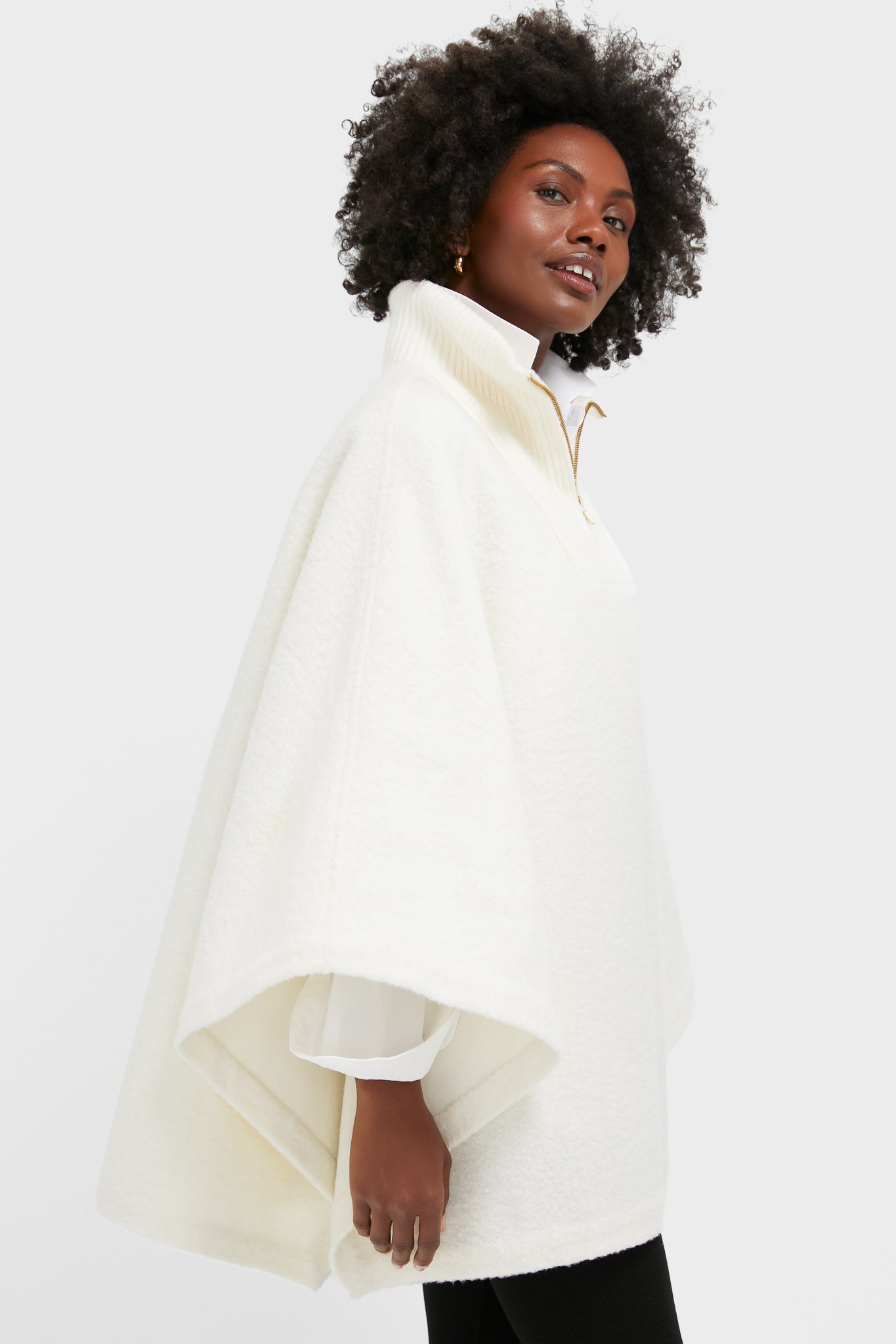 Winter White Boucle High-Neck Poncho