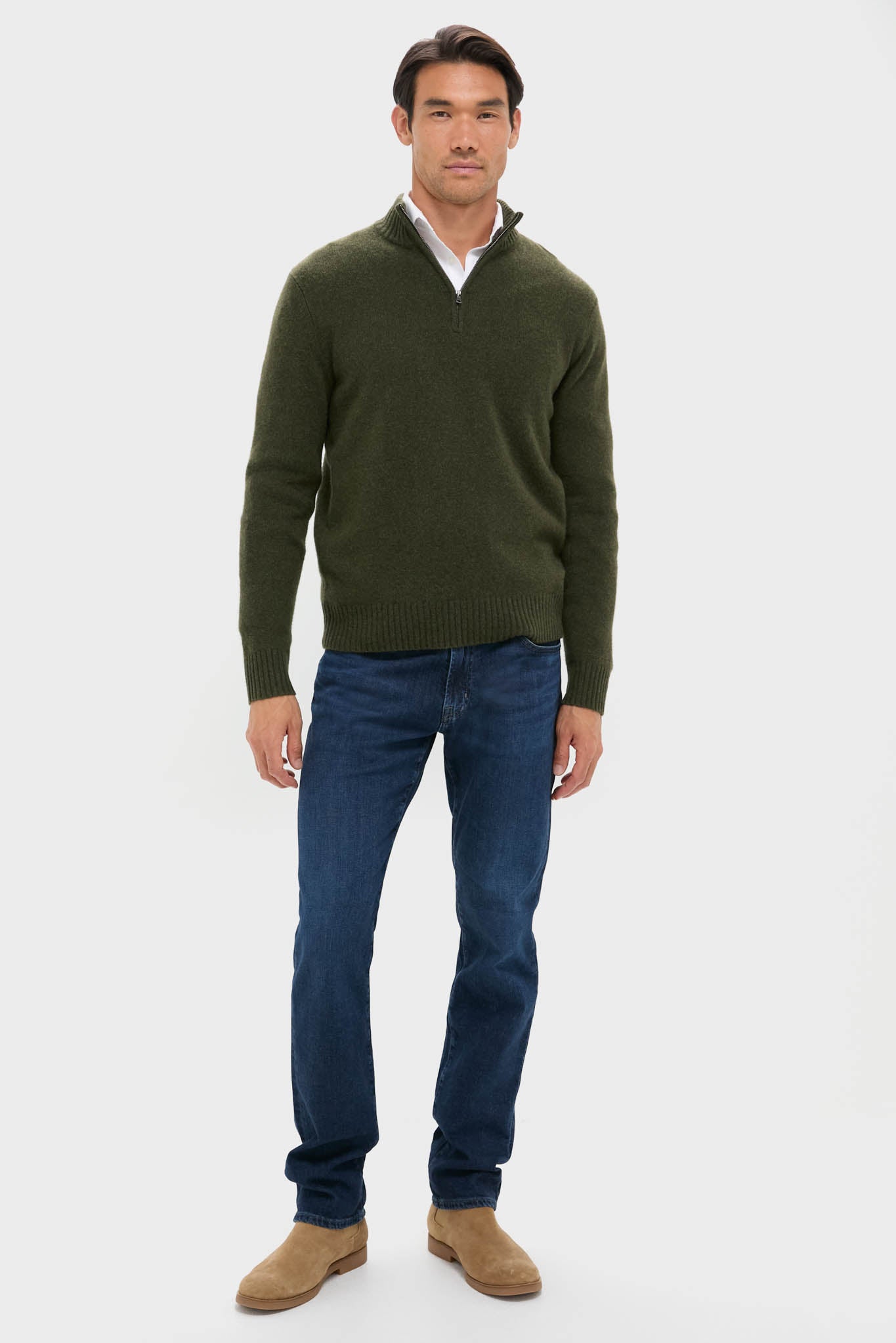 Green Cashmere Wool Jersey Knit Quarter-Zip