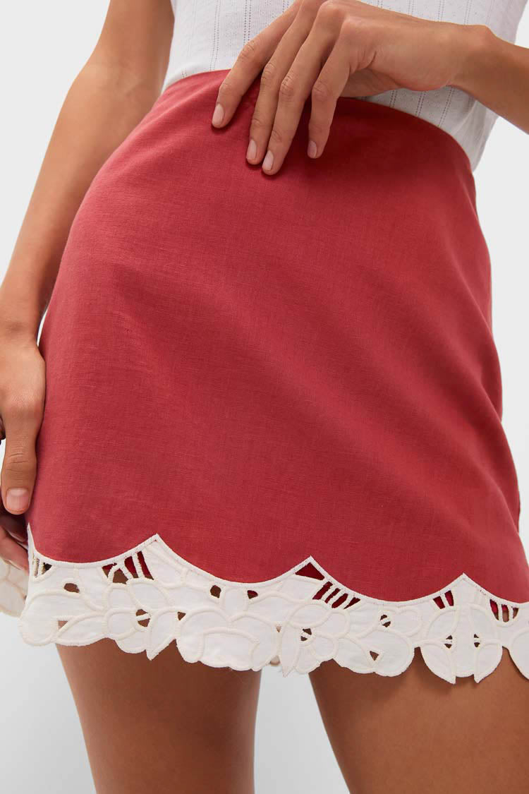 Red Eyelet Trim Cotton Linen Meg A-Line Mini Skirt