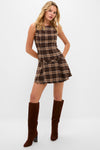 Brown Plaid Pleated Mini Dress