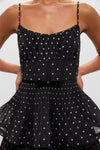 Black and Cream Polka Dot Pleated Tiered Midi Dress