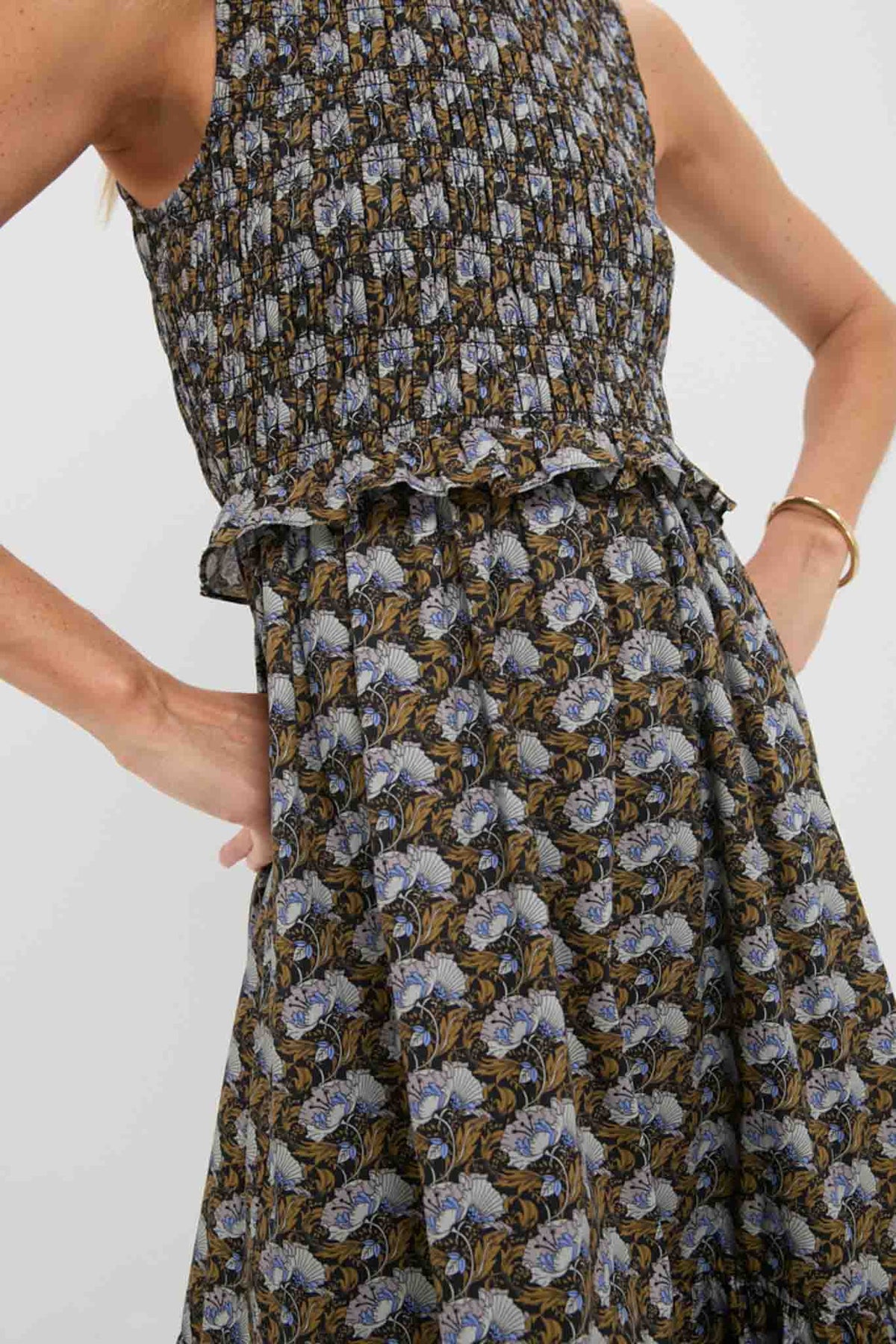 Black Leafy Floral Smocked Seaton Midi Dress | Hyacinth House Black Leafy Floral Smocked Seaton Midi Dress | Hyacinth House