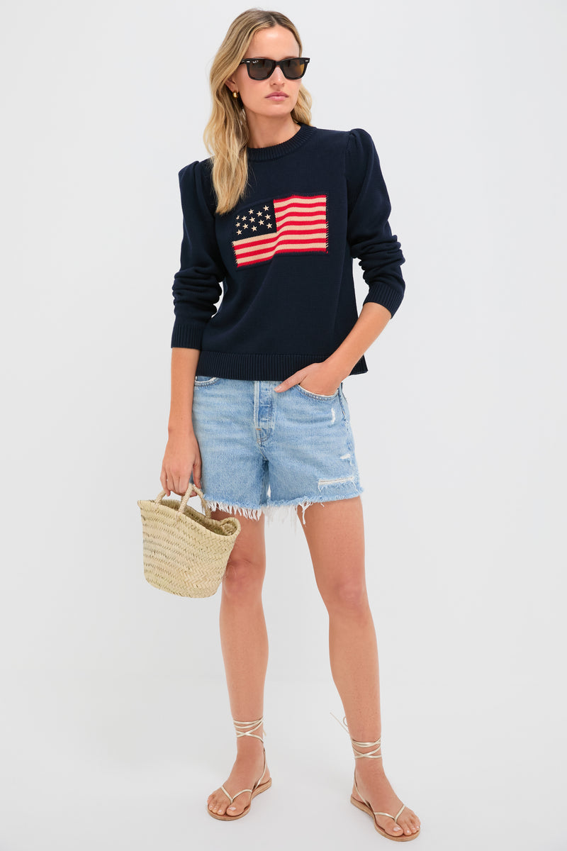 Navy Cropped Cotton Puff Sleeve Americana