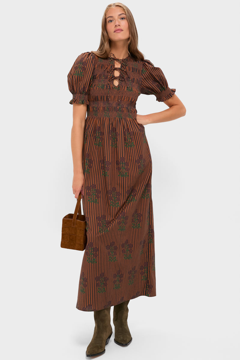 Model wearing classic Dark Olive Suede Wilson Cowboy Boots with a vintage maxi dress, showcasing effortless style and fun, high-end western charm.