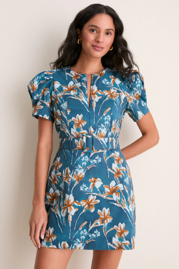 hyacinth house lace trim blue etched floral emmie mini dress HYACINTH HOUSE Lace Trim Blue Etched Floral Emmie Mini Dress Size M NWT