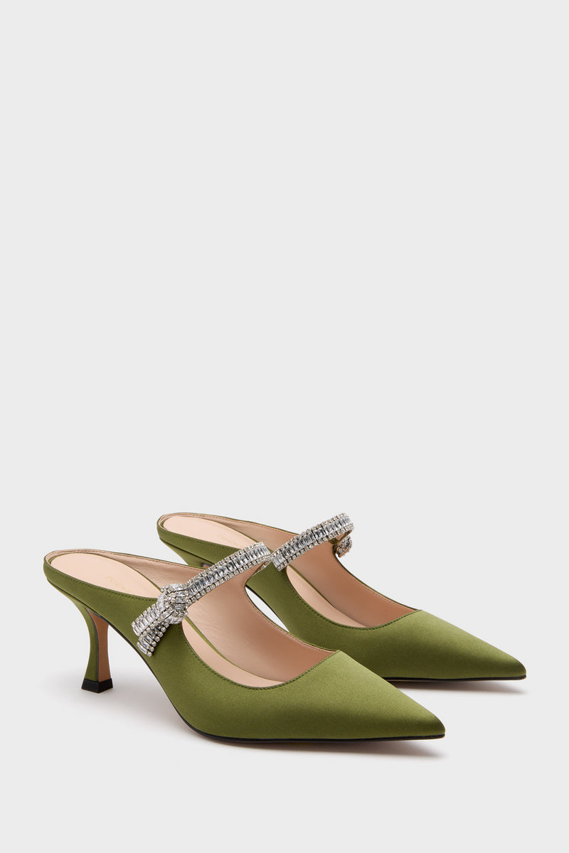 Fern Satin Mae Heels, classic women's evening mules in olive satin with pointed toes and crystal-encrusted strap, exude effortless elegance for high-end occasions.