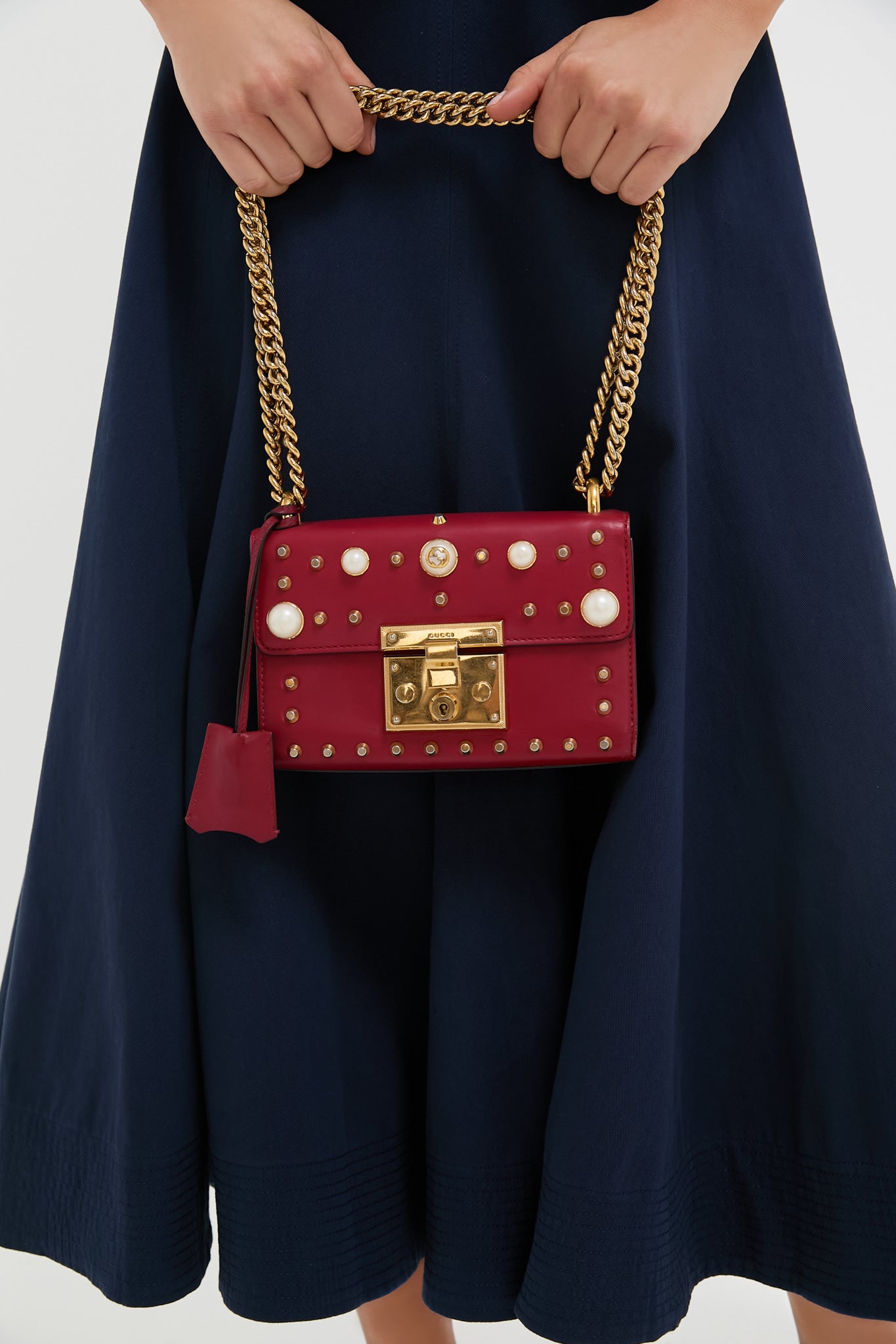 Gucci Red Pearl Studded Padlock Shoulder Bag