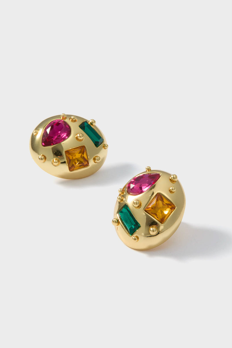 Mixed Crystal Lucy Studs with pink, green, and yellow gemstones on a gold-tone dome, offering an effortless, high-end touch to any classic ensemble.