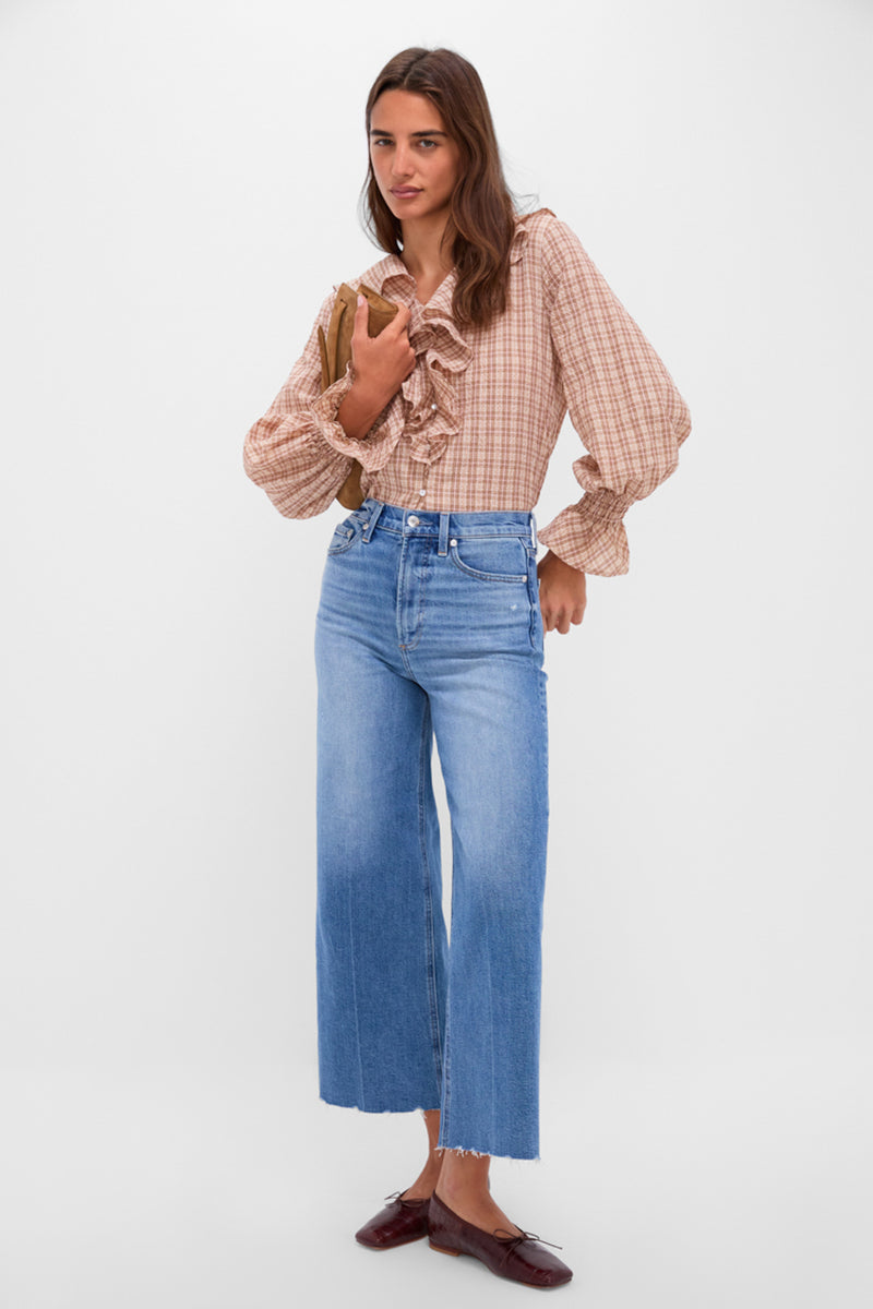 Tan and Pink Plaid V Neck Ruffle Eileen Button Down