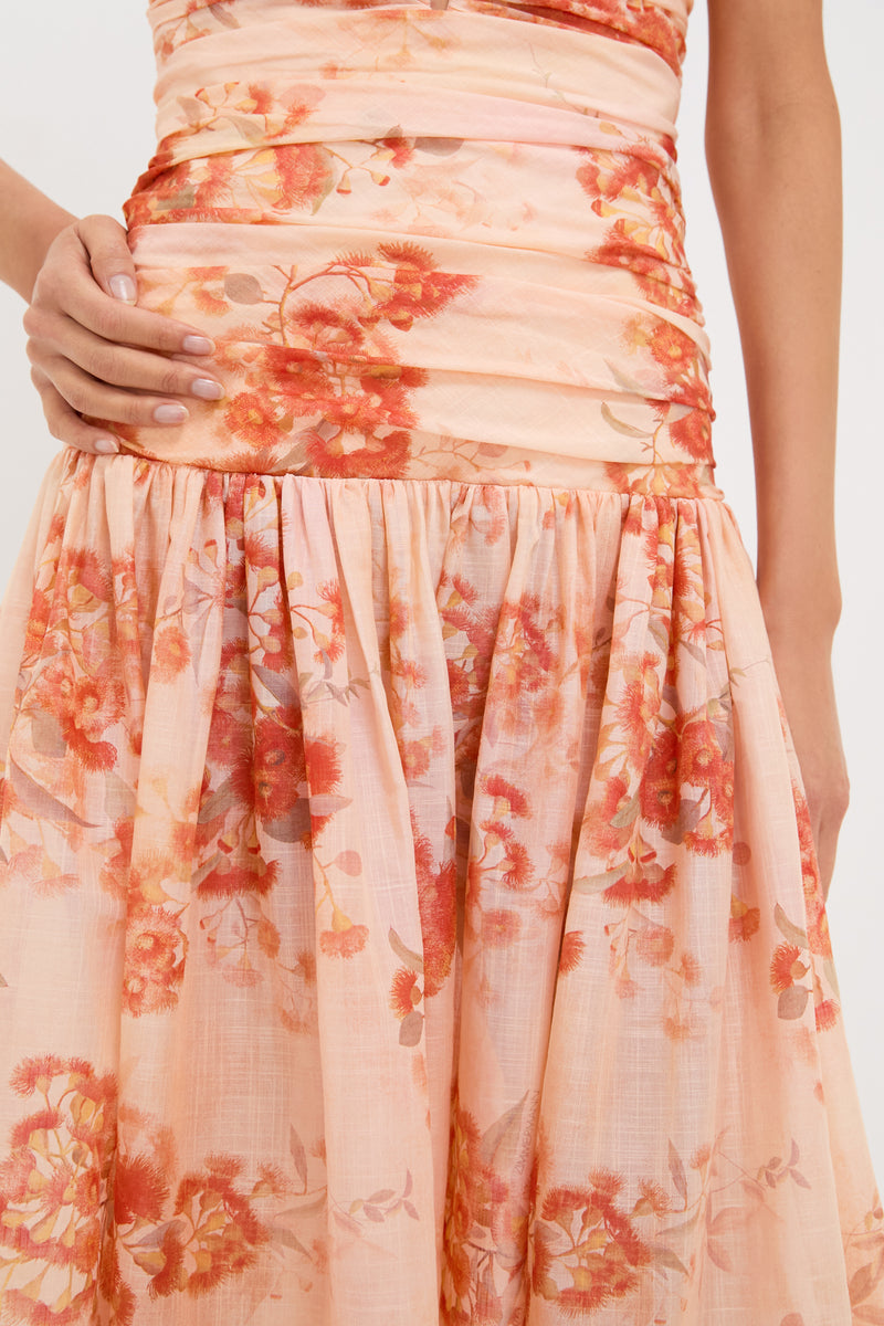 Red Botanical Floral Cascadian Strapless Midi Dress