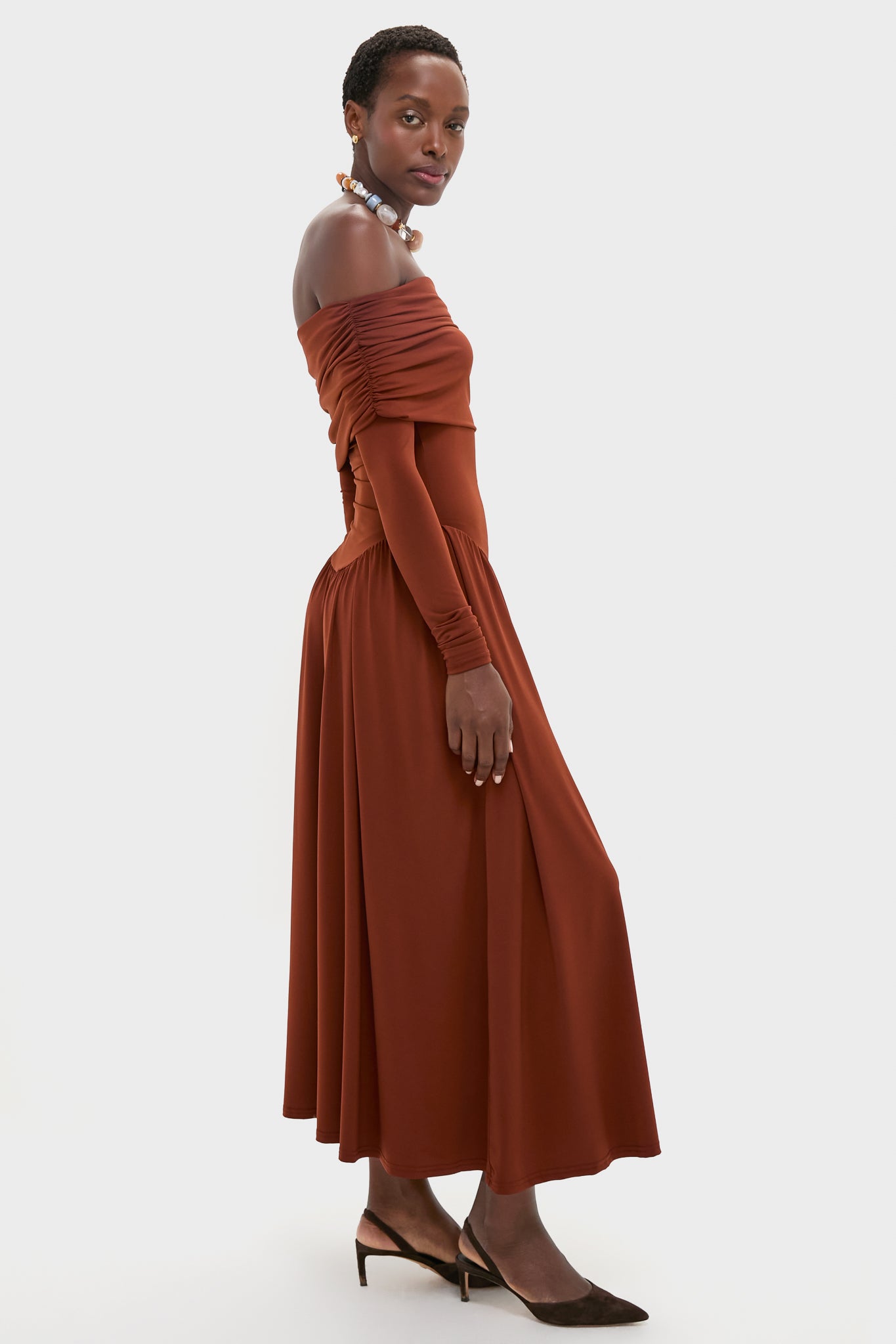 knee length dresses for ladies Weworewhat Off Shoulder Ruched Midi Dress
