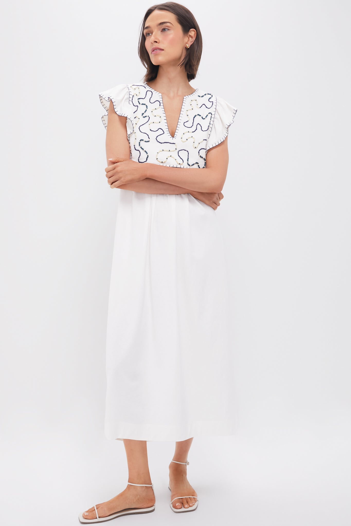 Off White Embroidered Midi Dress