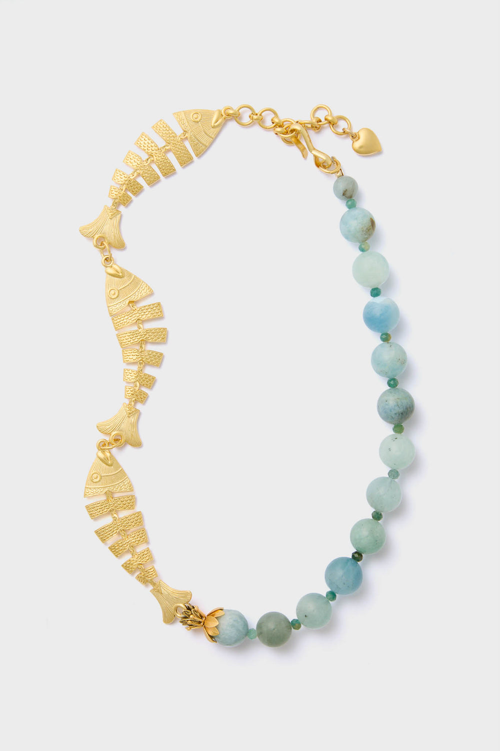 Brinker + Eliza gold bracelet with three stylized fish links and round aquamarine beads, finished with an adjustable clasp. Handmade and inspired by the Malta Necklace.