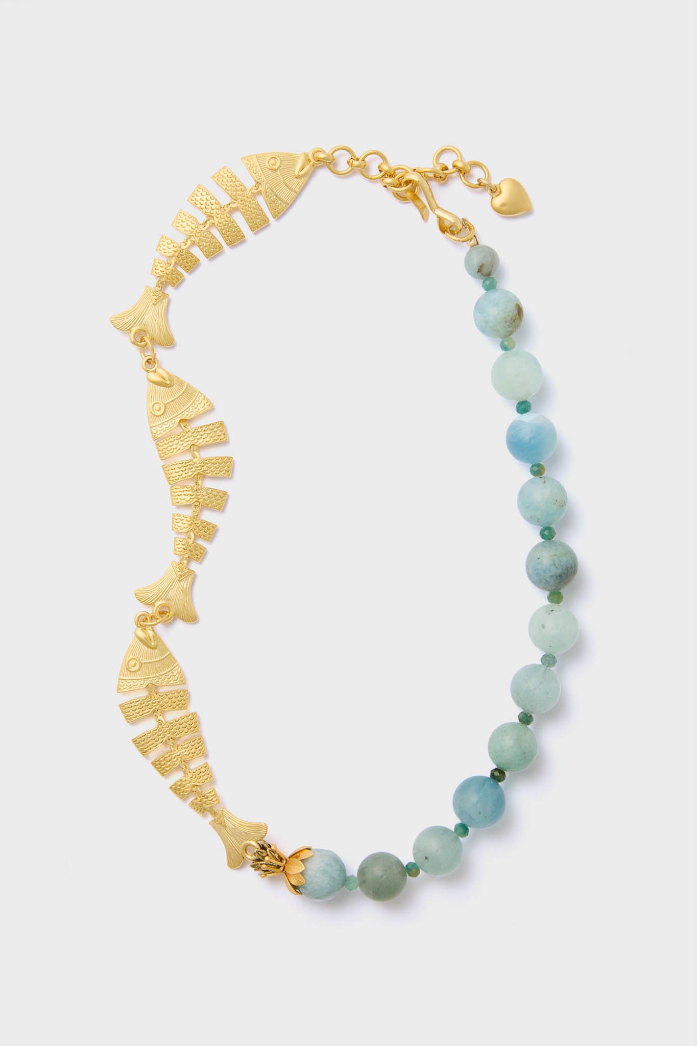 Brinker + Eliza gold bracelet with three stylized fish links and round aquamarine beads, finished with an adjustable clasp. Handmade and inspired by the Malta Necklace.