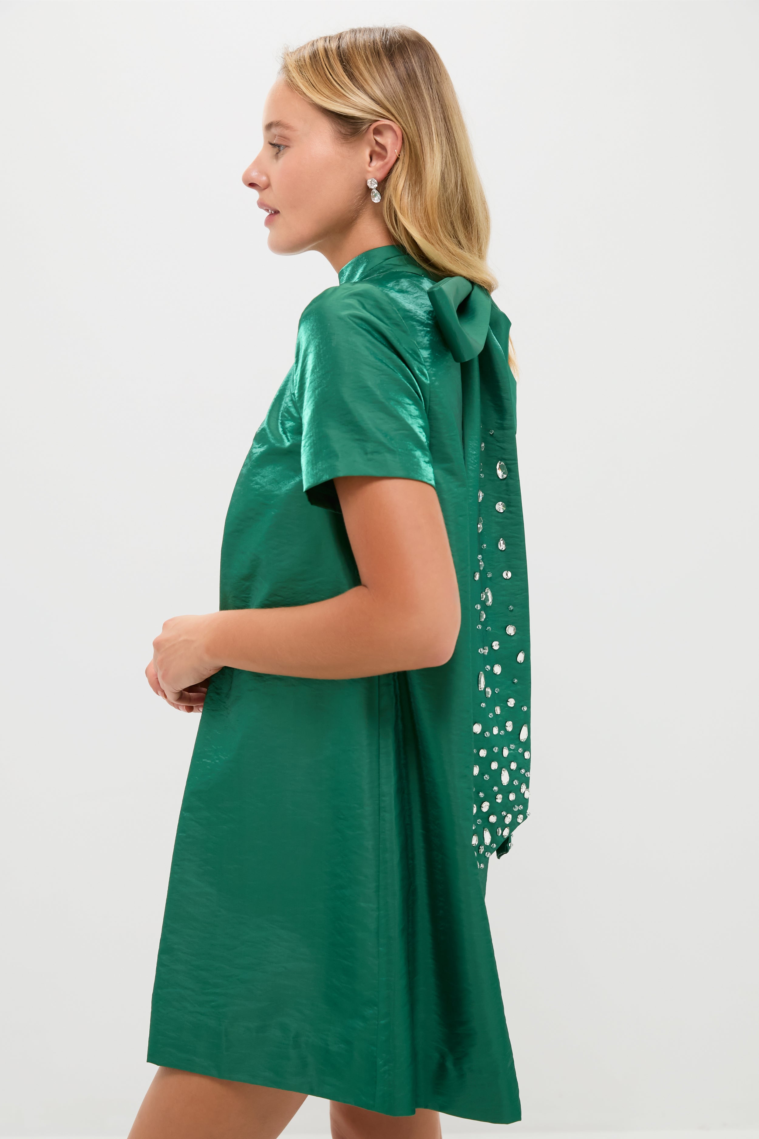 Green Taffeta Embellished Ashton Bow Dress