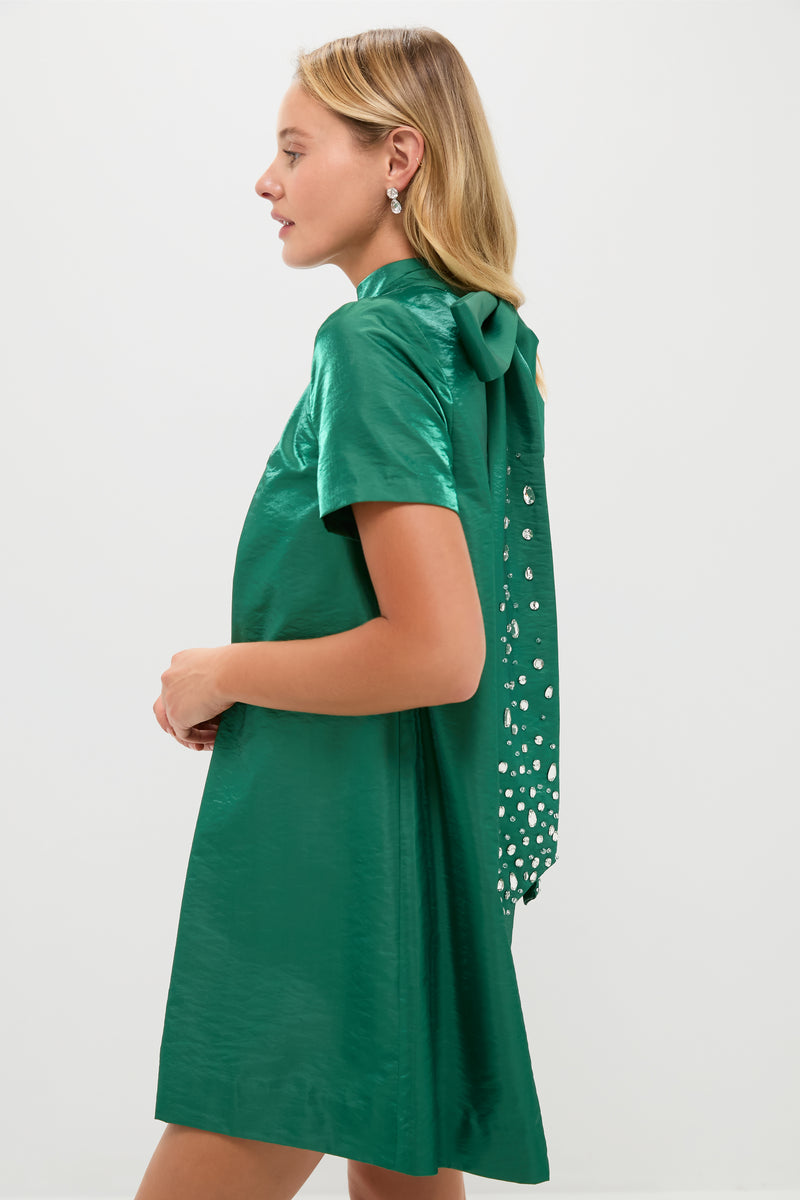 Green Taffeta Embellished Ashton Bow Dress