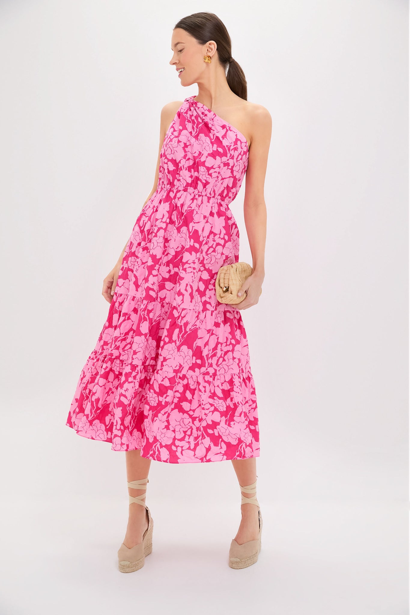 Pink Textured Floral One Shoulder Sybil Maxi Dress
