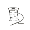 Supplies: Minimalist black and white drawing of a spool of thread with an attached sewing needle, ideal for sewing enthusiasts.
