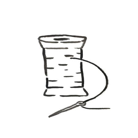 Supplies: Minimalist black and white drawing of a spool of thread with an attached sewing needle, ideal for sewing enthusiasts.