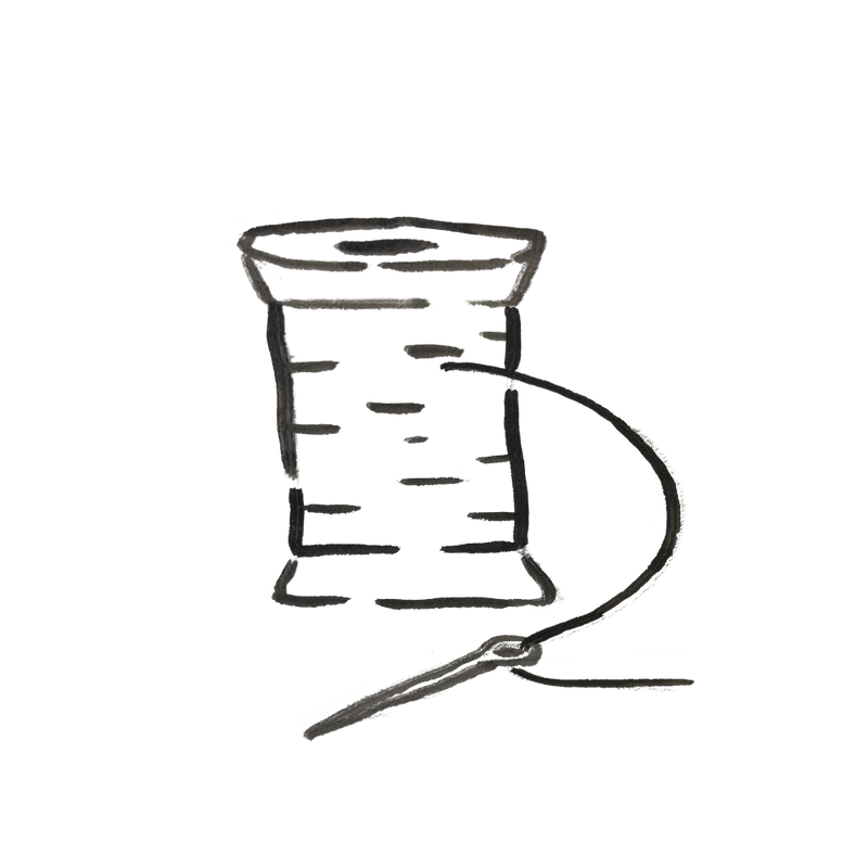 Supplies: Minimalist black and white drawing of a spool of thread with an attached sewing needle, ideal for sewing enthusiasts.