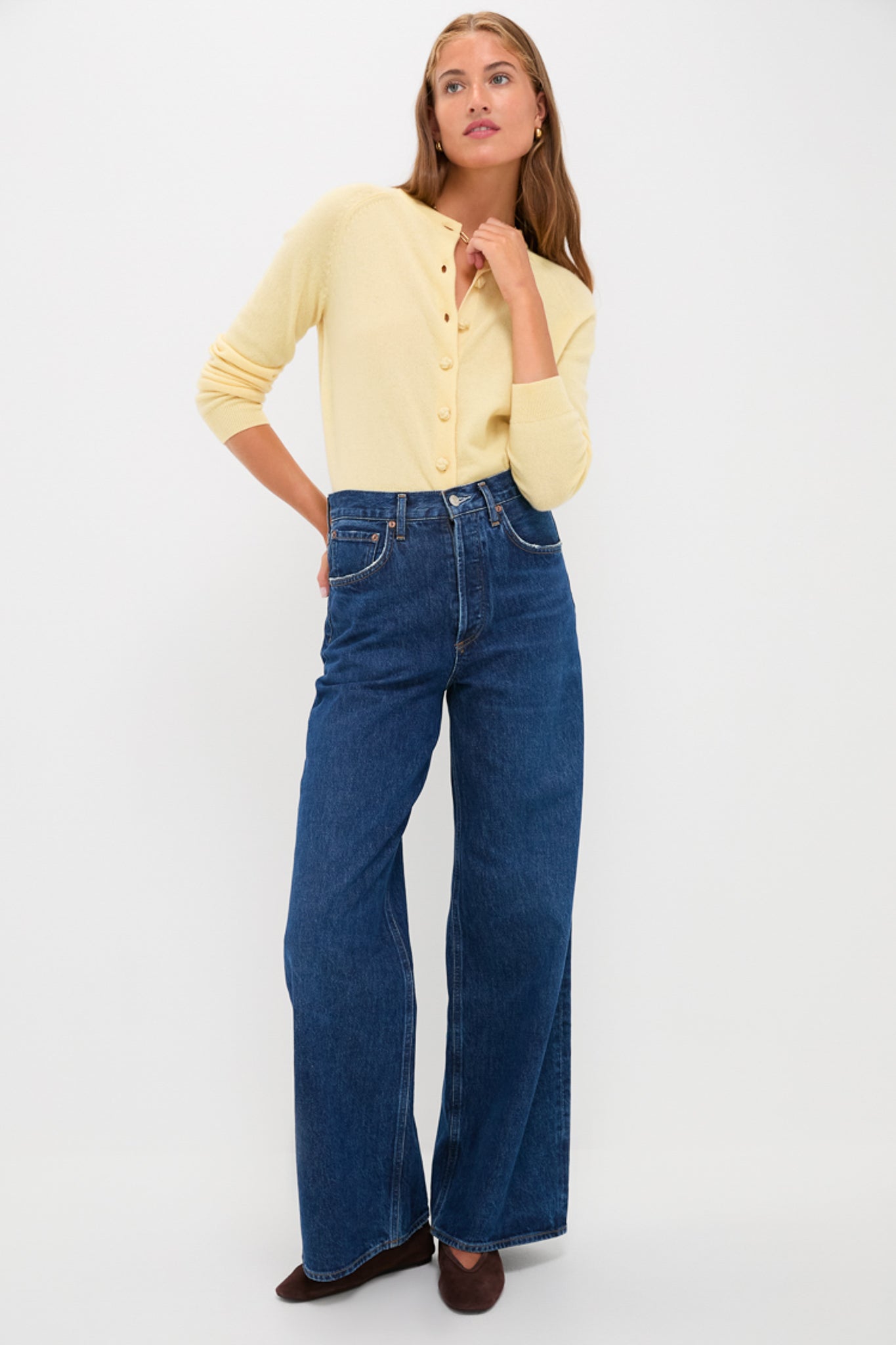 Lightweight Cashmere Butter Yellow Knot Button Cardigan