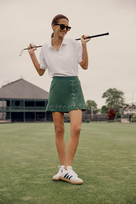 Green Embroidered 15 Inch Performance Stretch Woven Halliet Golf Skirt