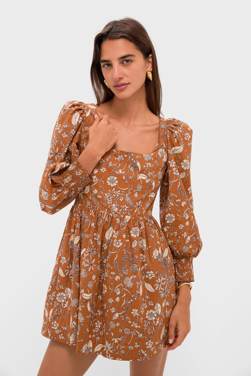 Burnt Orange Floral Square Neck Spencer Mini Dress