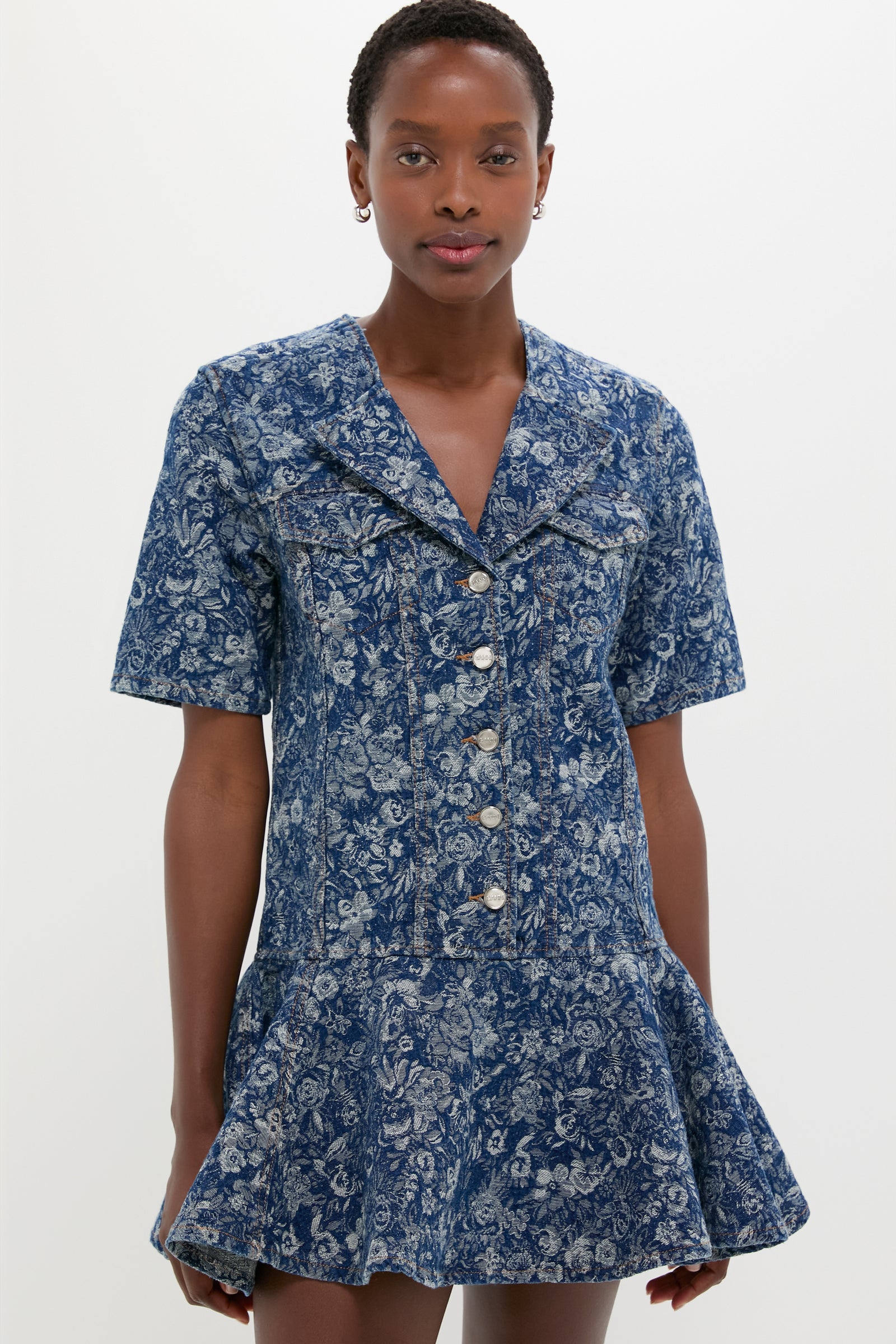 ganni cult denim mini dress GANNI Mid Blue Stone Tapestry Denim Mini Dress Mid Blue / 38