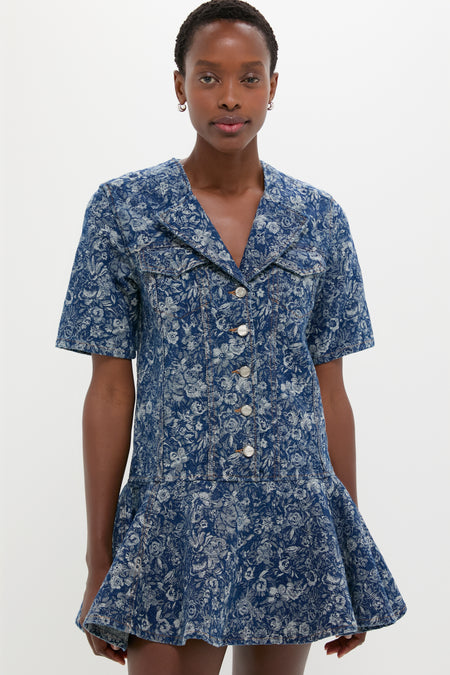 Mid Blue Stone Tapestry Denim Mini Dress