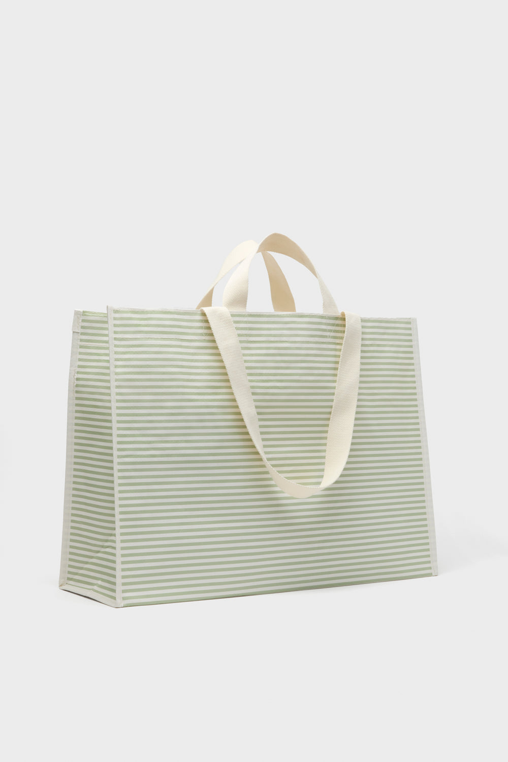 Sunnylifes rectangular beach bag features light green and white horizontal stripes, two cream-colored handles, a structured shape, and waterproof material—ideal for sunny days by the sea.