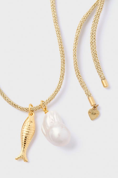 Gold Lurex Cord Necklace with Baroque Pearl and Gold Fish Charms