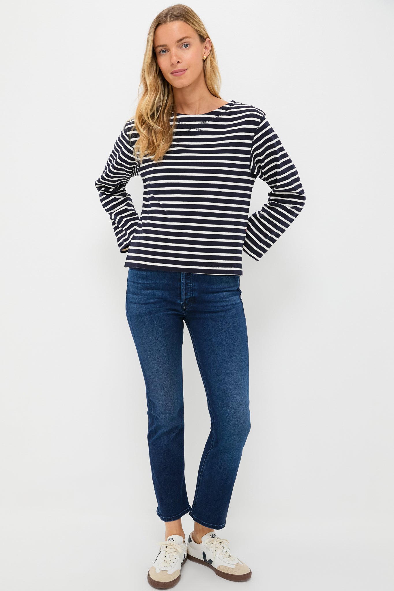 Navy and White Boat Neck Long Sleeve Shirt | Alex Mill