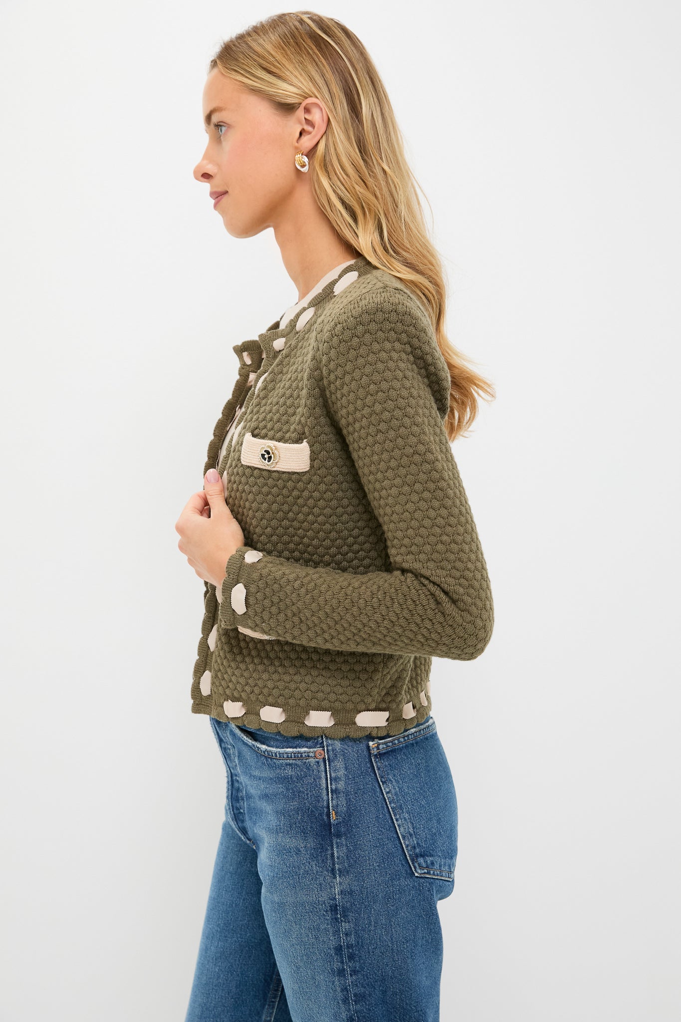 Army and Biscuit Astor Contrast Trim Cardi