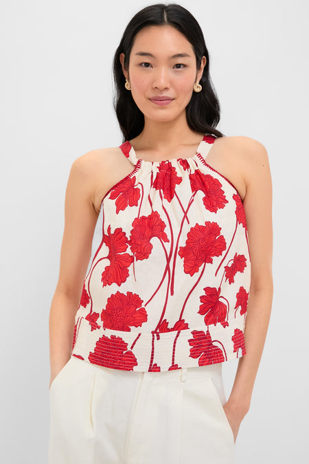 Cream and Red Noelle Floral Linen Halter Top