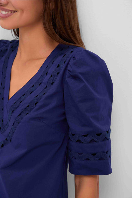 Navy V-Neck Puff Sleeve Mini Dress