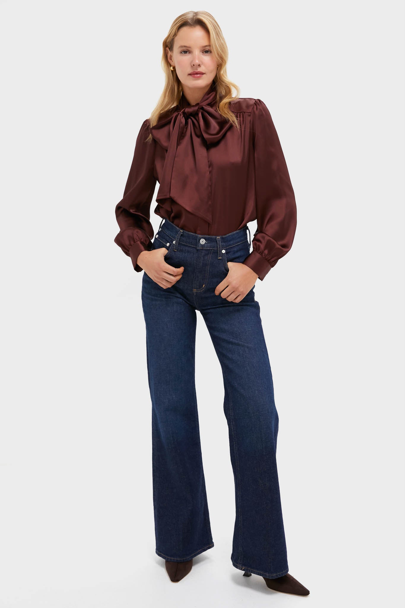 Chocolate Satin Brianna Bow Blouse