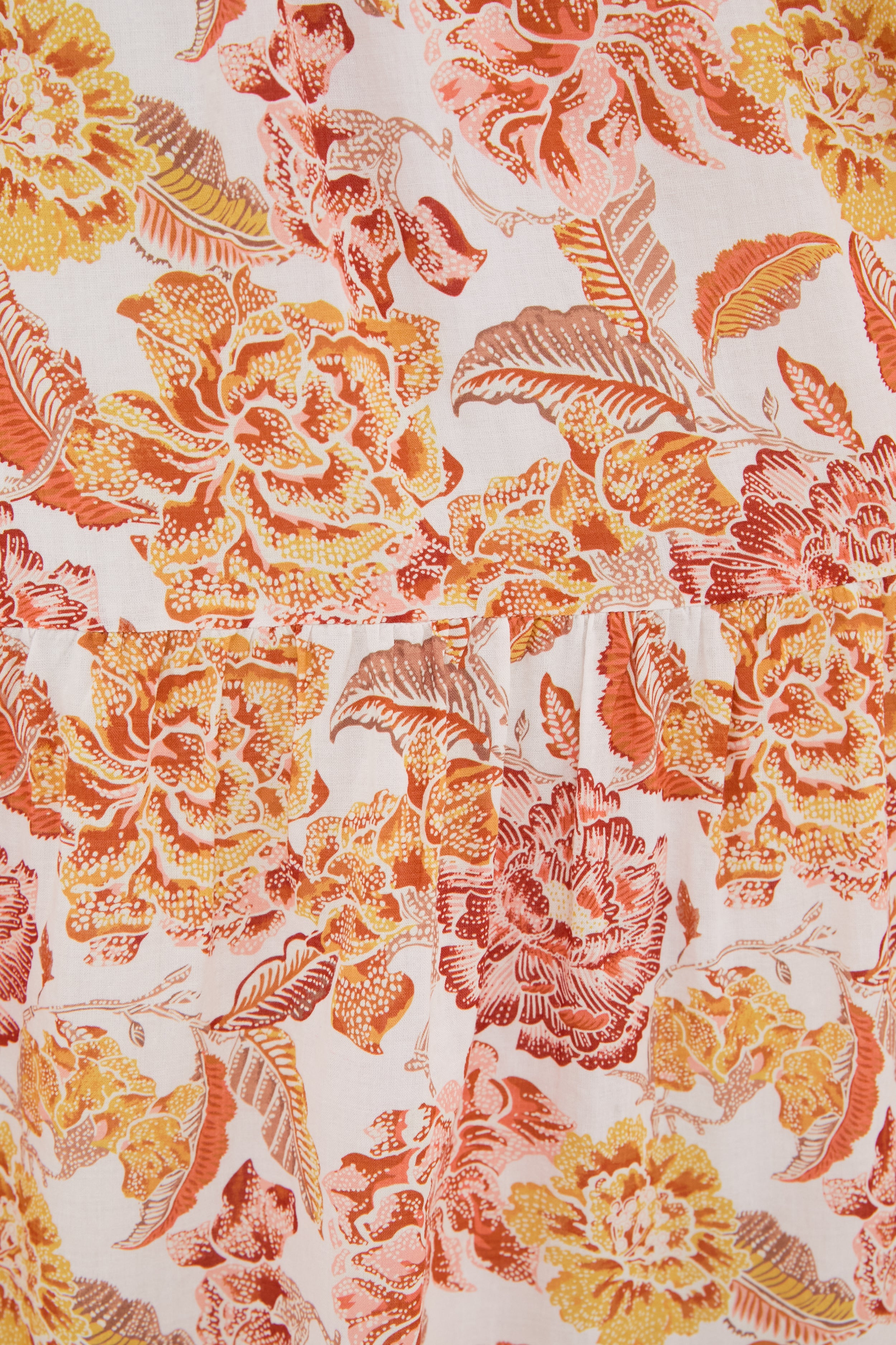 Hyacinth House fabric with a vibrant floral pattern in orange, yellow, and red on a white background—ideal for sewing a flowy maxi dress.