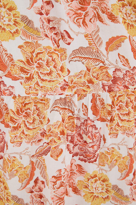 Hyacinth House fabric with a vibrant floral pattern in orange, yellow, and red on a white background—ideal for sewing a flowy maxi dress.