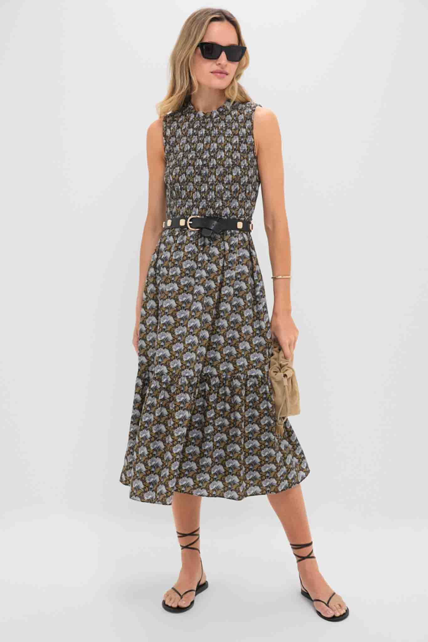 patterned midi dress Black Leafy Floral Smocked Seaton Midi Dress