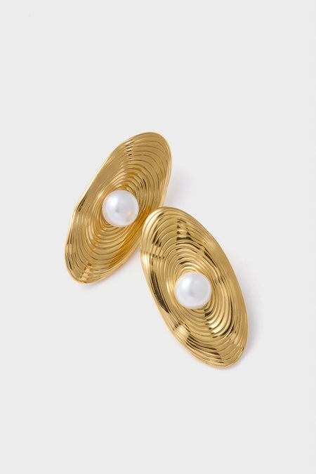 Gold Trumbull Earrings with concentric rippled gold-tone grooves and centered faux-pearl, blending classic elegance with a modern twist for an effortless, fun, high-end look.