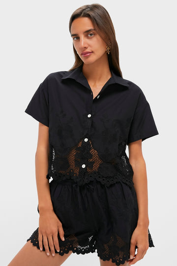 Black Flora Broderie Crop Shirt