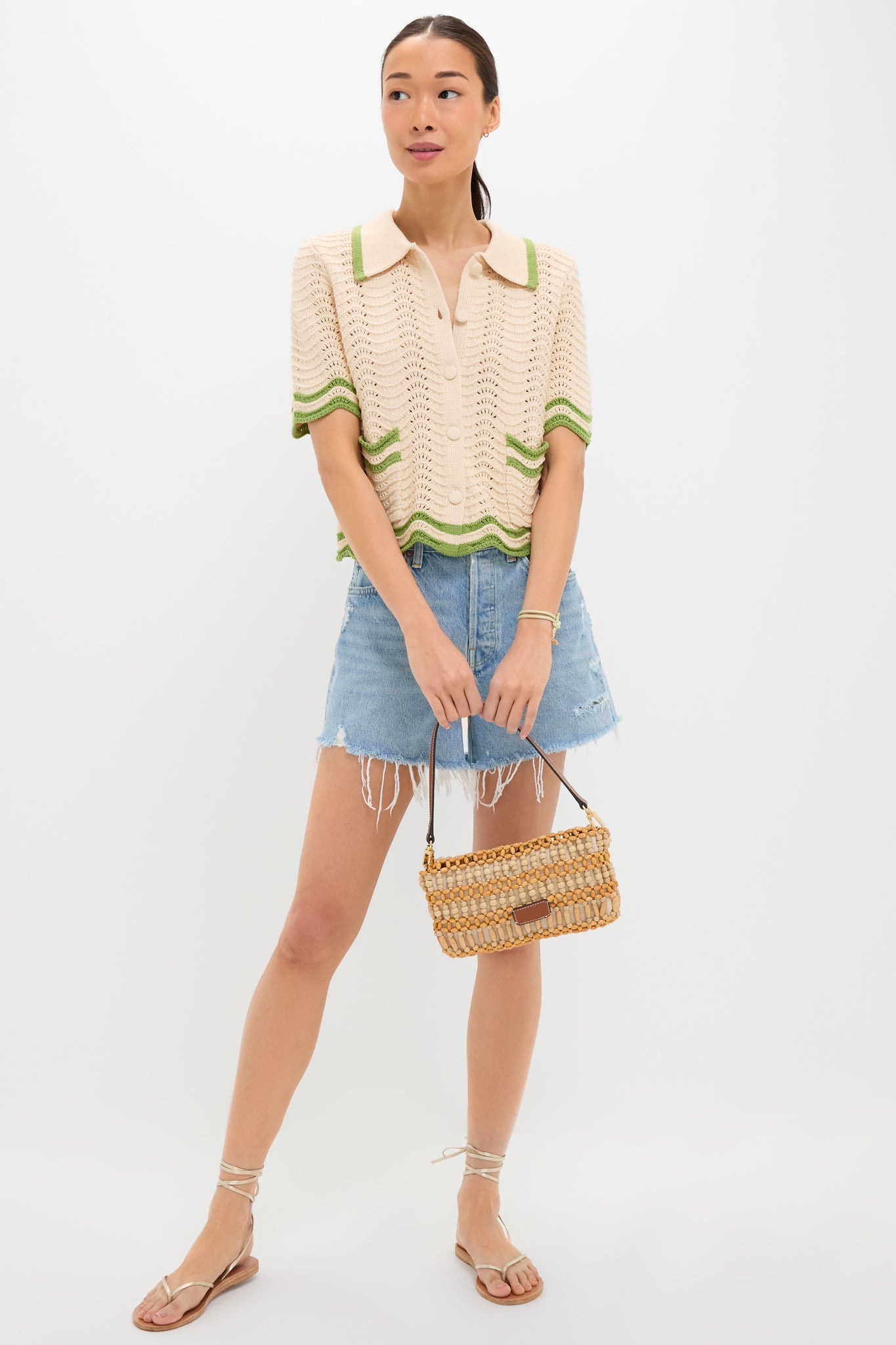 Cream and Sage Amelia Scallop Hem Button Up Crochet Cardigan