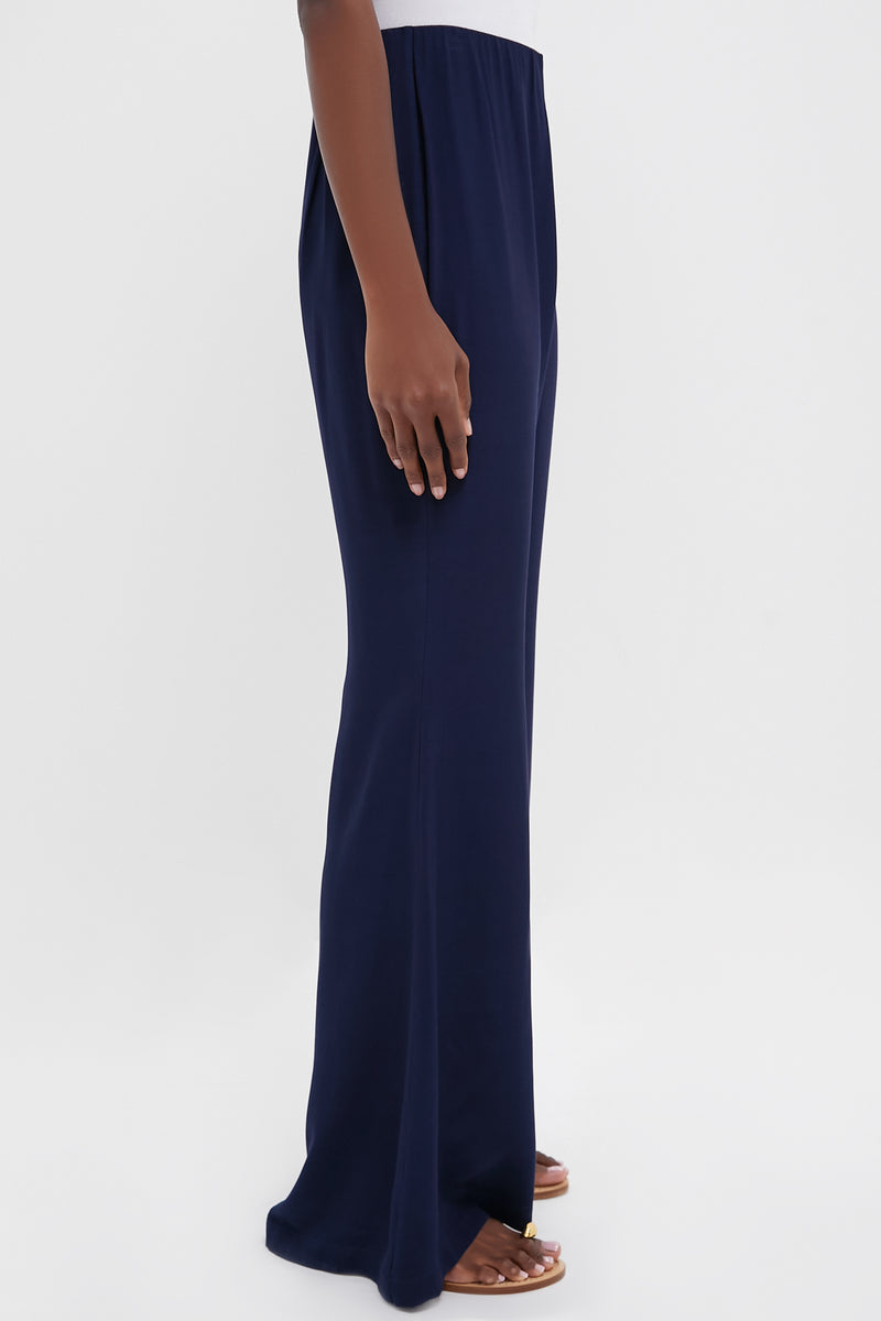 Navy Viscose Charmeuse Moore Wide Leg Pant